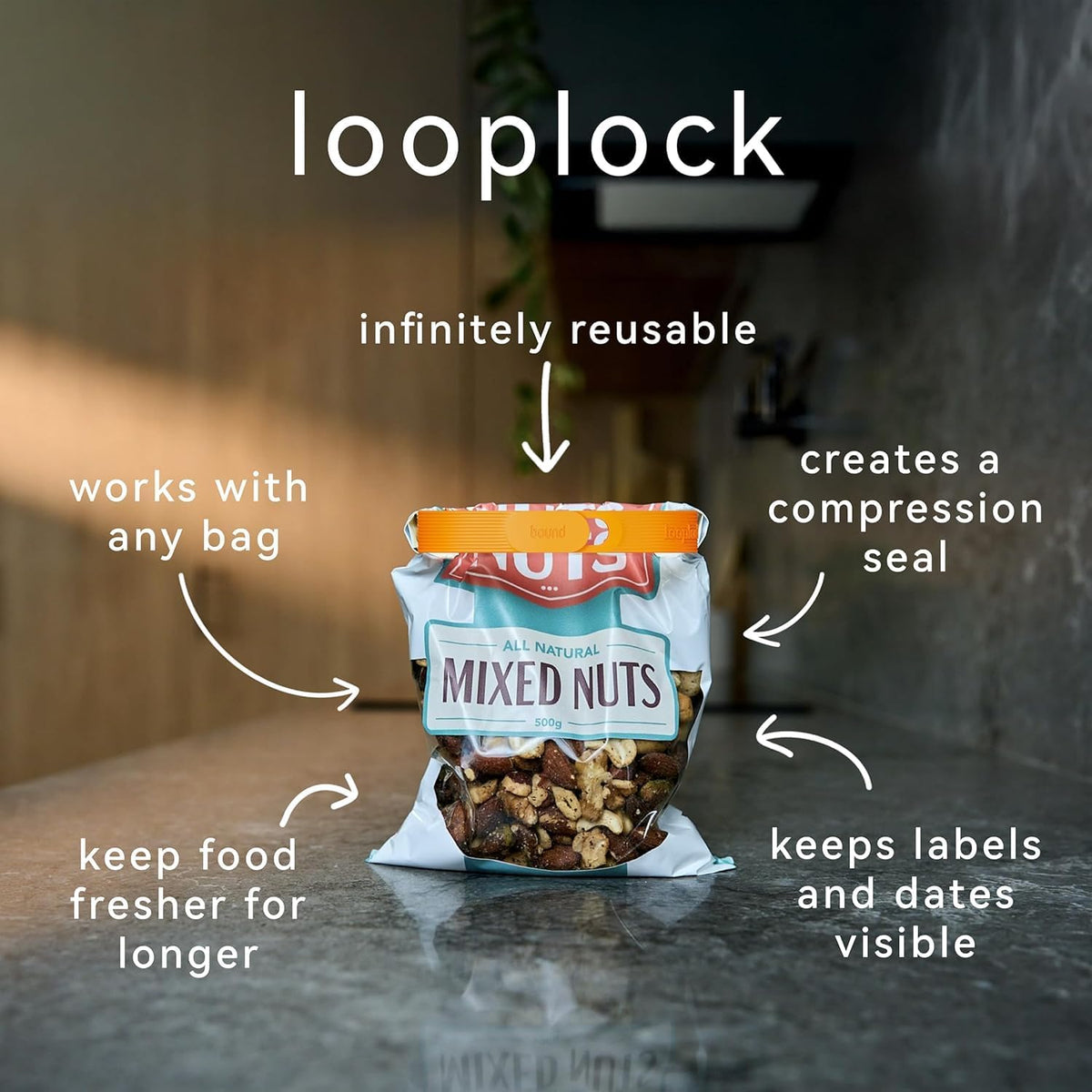 Bound Looplock Reusable Bag Sealer, Roll Top Food Storage Seal, 8 Pack, Mango