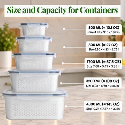 5 Pack Large Fruit Storage Containers for Fridge with Removable Colander