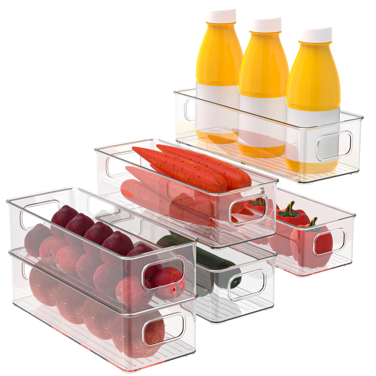 Set of 6 Refrigerator Pantry Organizer Bins - Stackable Fridge Organizers with Handles for Pantry, Freezer, Kitchen, Countertops, Cabinets - Clear Plastic Food Storage Bins