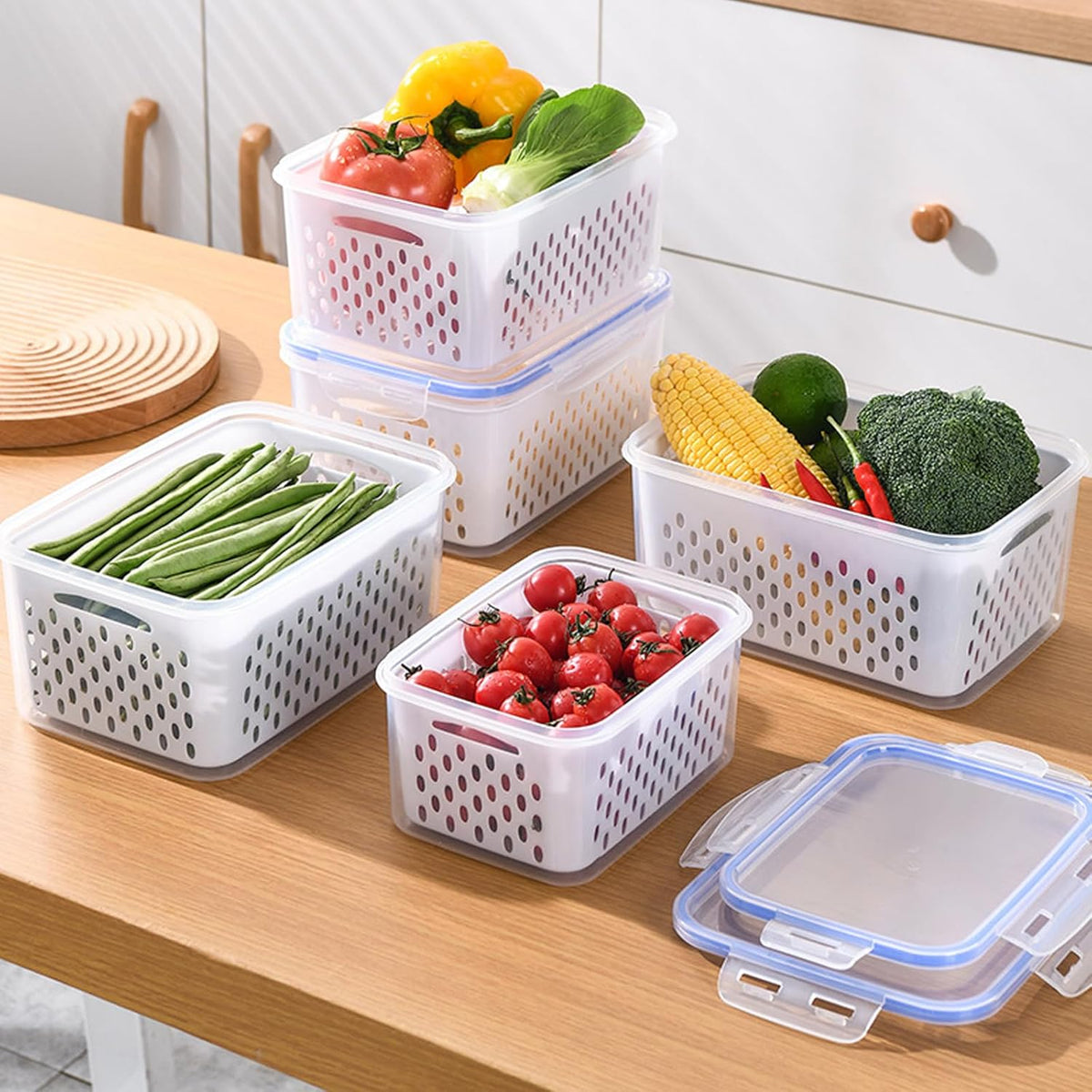3 PCS Fruit Storage Containers for Fridge with Removable Colander