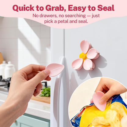4-Piece Pink Cherry Blossom Cute Bag Clip Set,Decorative Magnetic Fridge Magnets, 4 Sets of 20 Fun Food Sealing Clips