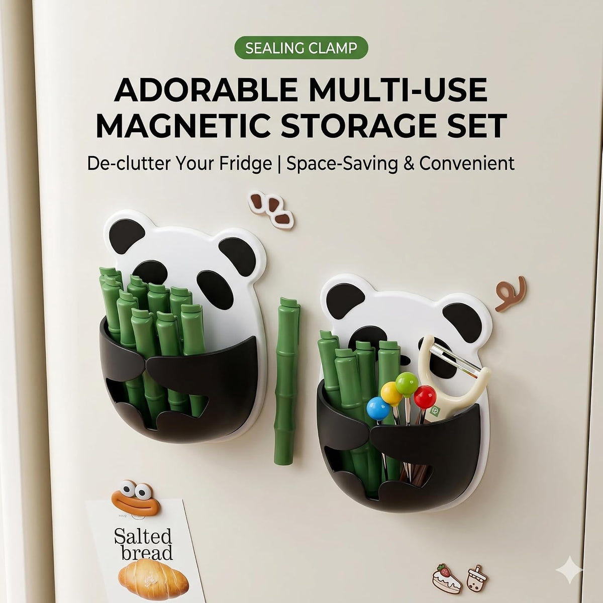 Magnetic Bamboo Cute Chip Clips&Panda Bag Clips for Food Storage Airtight Food Sealer Clamps for Snack, Bread & Chip Bags, Kitchen Fridge Organizer Caddy Gadget Set(12 Pcs+1 Base)