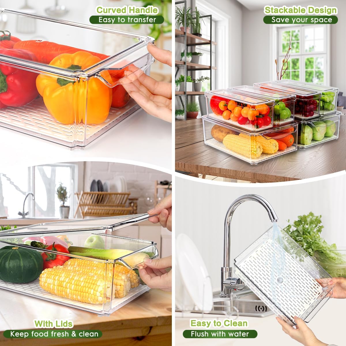 ZIJUND 6 Pack Fridge Organizer Bins with Lids, Stackable Clear Storage