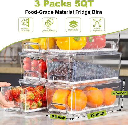 3-Pack Fridge Organizers and Storage, Stackable Refrigerator Bins
