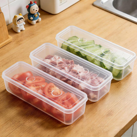 3 Pack Stackable Refrigerator Organizer Bins with Lids & Drain Tray, Clear Plastic Food Storage Containers, 10.5 Inch Long Airtight Box for Fruit, Vegetable, Meat, Fish, Kitchen Organization