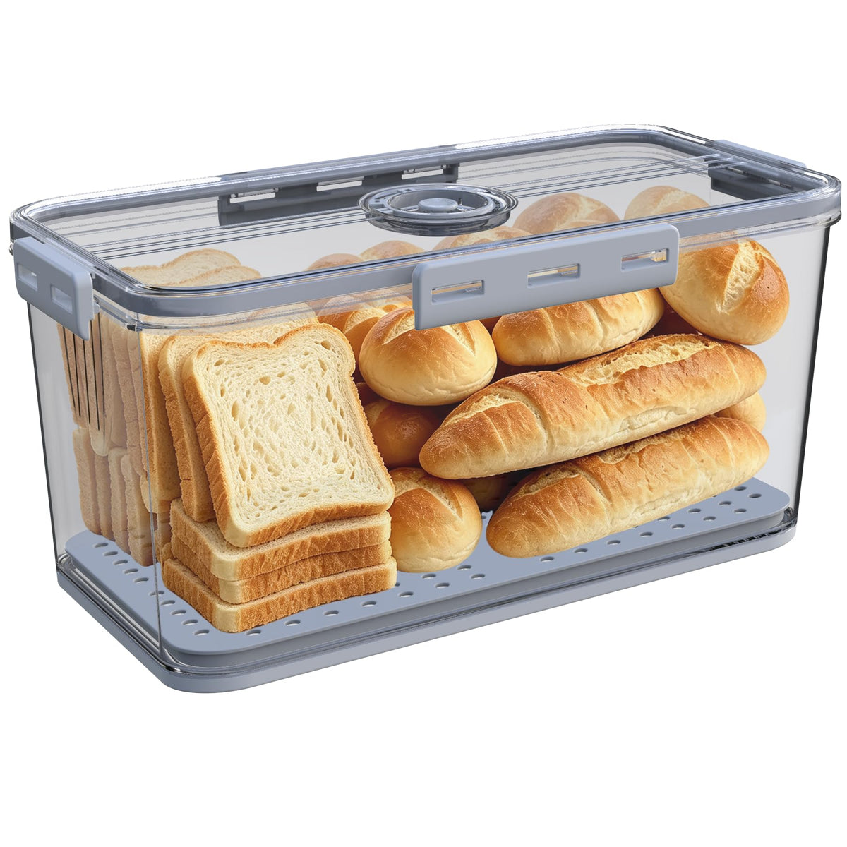 Clear Bread Box with Lid ,Time Recording Airtight Bread Container Grey