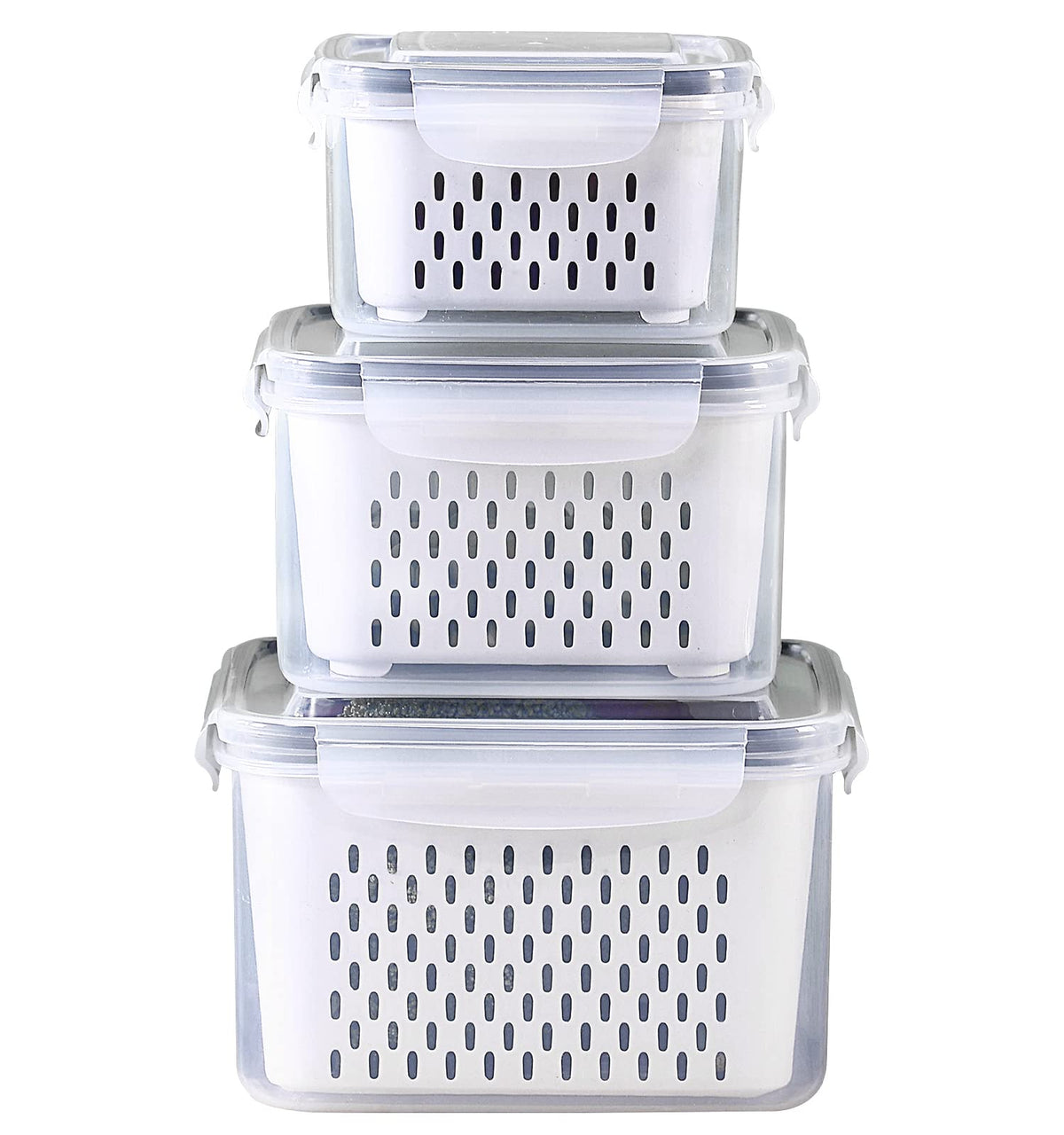3Pack Fridge Food Storage Container Set with Lids with Strainer,Plastic Fresh Produce Saver Vegetable Fruit Meat Storage Organization, BPA-Free Plastic Produce Keepers(3.15L+1.7L+0.8L)