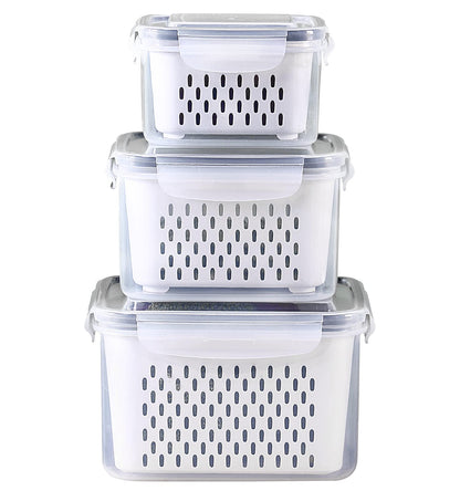3Pack Fridge Food Storage Container Set with Lids with Strainer,Plastic Fresh Produce Saver Vegetable Fruit Meat Storage Organization, BPA-Free Plastic Produce Keepers(3.15L+1.7L+0.8L)