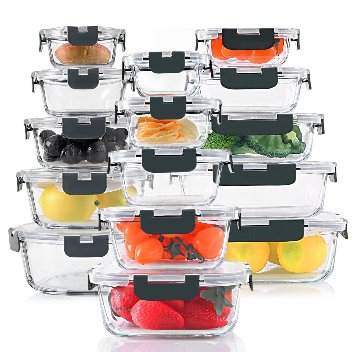 KOMUEE 24 Pieces Glass Food Storage Containers Set, Gray