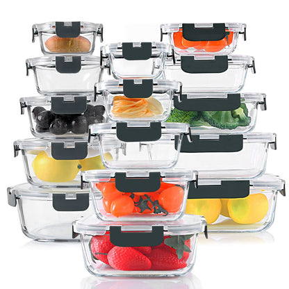 KOMUEE 24 Pieces Glass Food Storage Containers Set, Gray