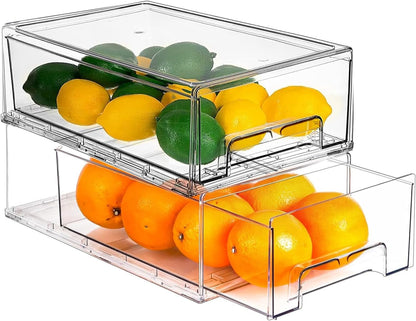 Fridge Organizers and Storage, BPA-Free Large Capacity Stackable Clear Fridge Organizer, With Strainer Layer Keep Fruits, Vegetables and Meat Fresh in refrigerator, freezer, Food Storage ( 2 Drawers)