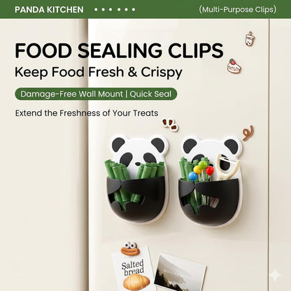 Magnetic Bamboo Cute Chip Clips&Panda Bag Clips for Food Storage Airtight Food Sealer Clamps for Snack, Bread & Chip Bags, Kitchen Fridge Organizer Caddy Gadget Set(12 Pcs+1 Base)