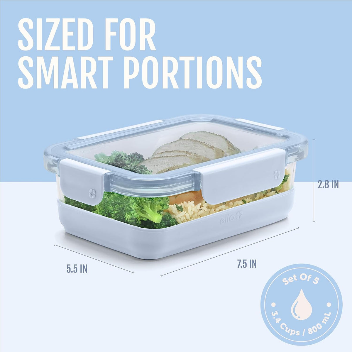 Ello Duraglass Refresh 3.4 Cup Meal Prep Containers, 10 Pc, Halogen Blue