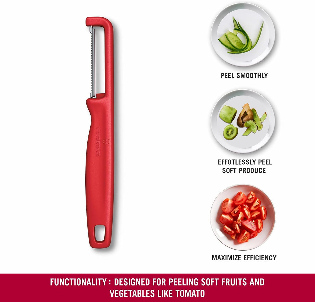 Victorinox Iota Peeler for Vegetables Fruits, Serrated Edge,Swiss Made, Red