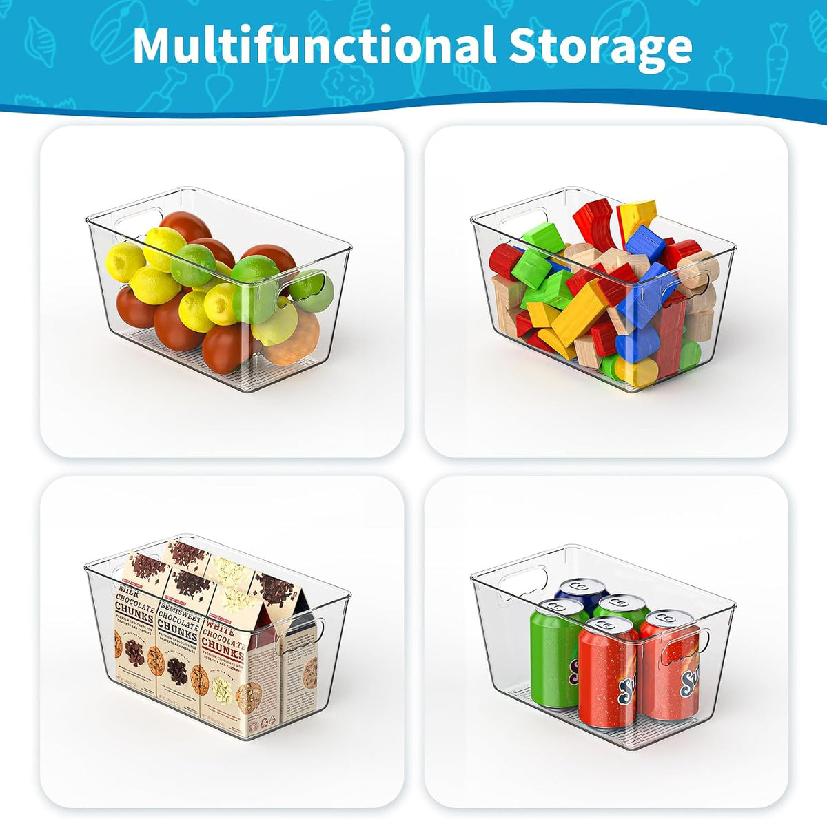 Clear Fridge Organizer Bins with Handles, 4 Pack Medium 10×6×5 Inch