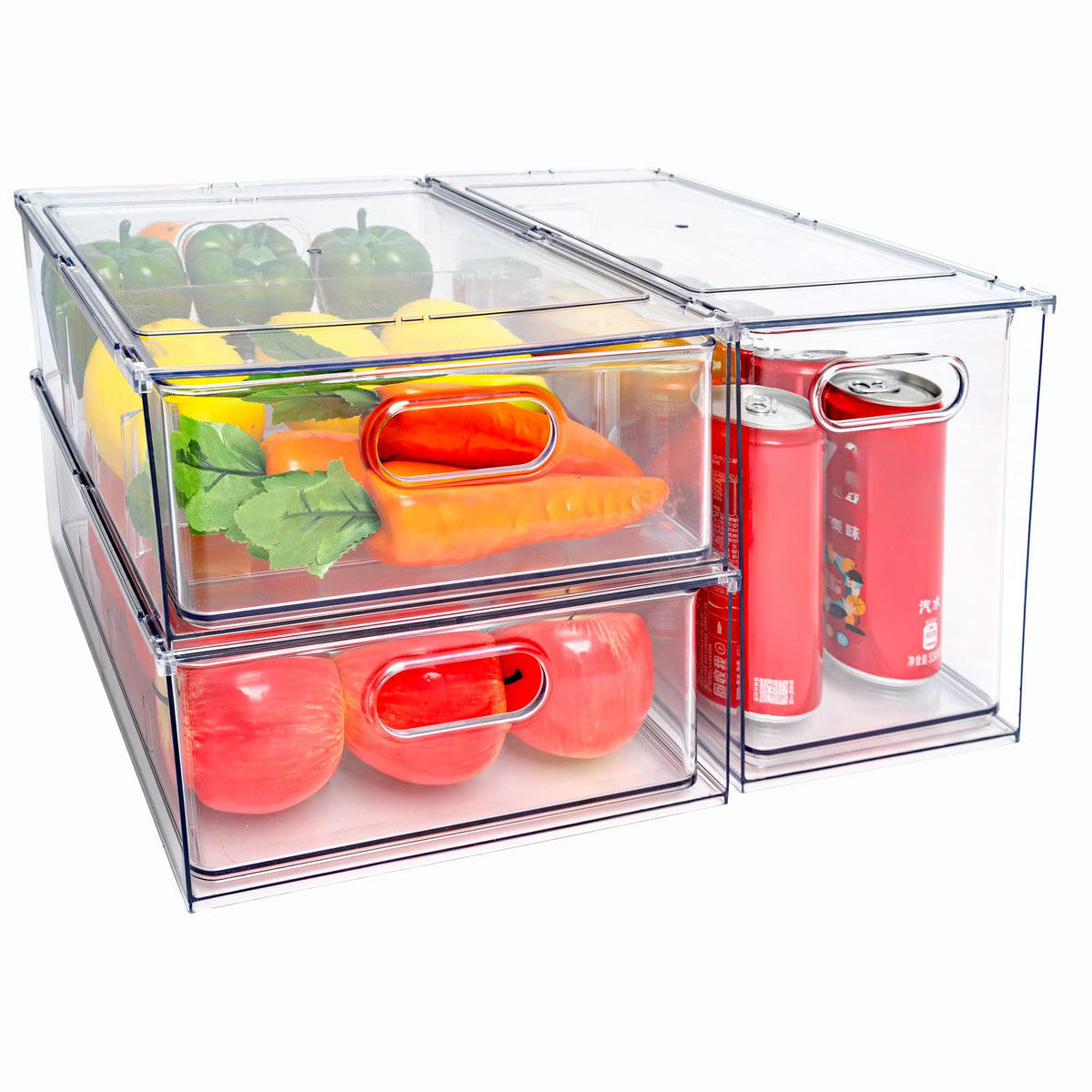 4 pack Stackable Refrigerator Organizer Bins Pull-Out Drawers for Fruit and Veggies Storage Organizer for Fridge Clear Drawer Containers with Handle Divided Organization for Produce Saver