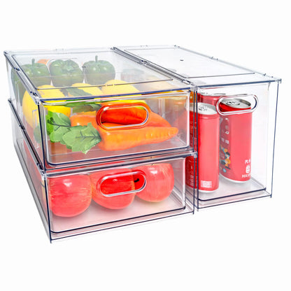 4 pack Stackable Refrigerator Organizer Bins Pull-Out Drawers for Fruit and Veggies Storage Organizer for Fridge Clear Drawer Containers with Handle Divided Organization for Produce Saver