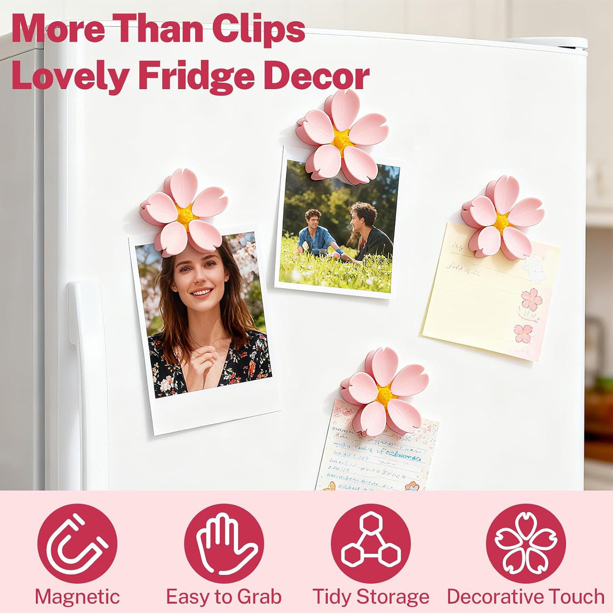 4-Piece Pink Cherry Blossom Cute Bag Clip Set,Decorative Magnetic Fridge Magnets, 4 Sets of 20 Fun Food Sealing Clips