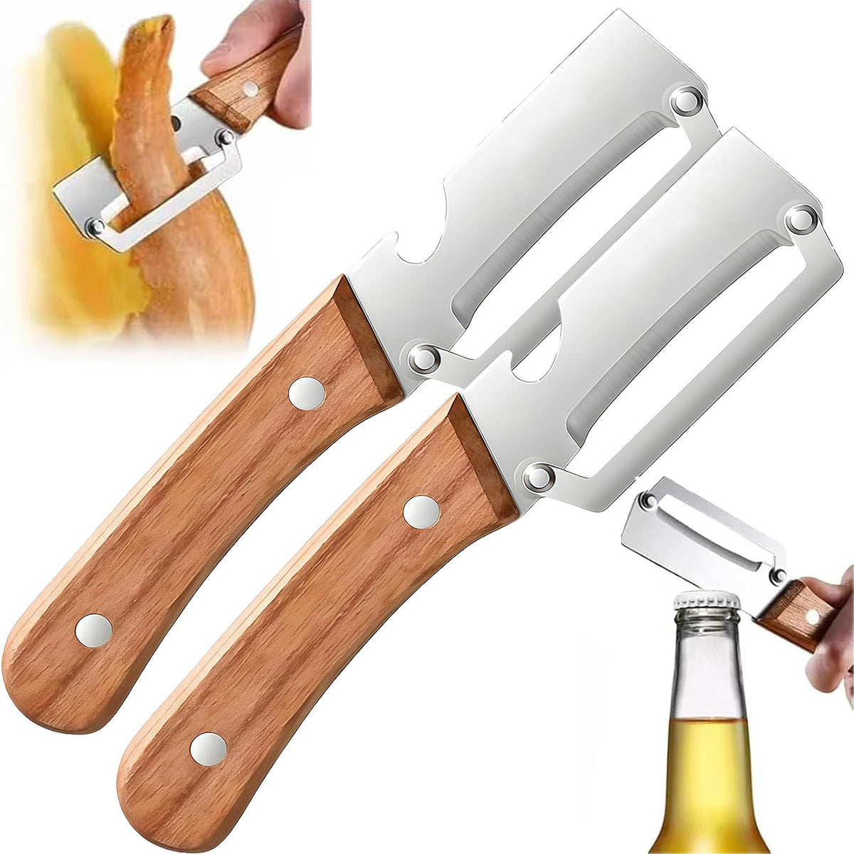 NEW Premium Vegetable Peeler with Wooden Handle and Bottle Opener: 2-in-1 Stainless Steel Kitchen Tool for Fruit Apple Potato Pumpkin Papaya (1Pack)