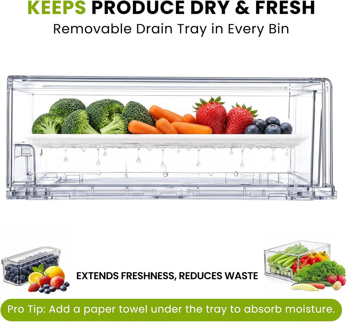 6Pack Fridge Organizers and Storage with Drain Trays,BPA-Free PET,Stackable