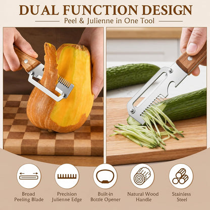 Upgrade Vegetable Peeler and Julienne Peeler Set, 2-Pcs Multifunctional Stainless Steel Veggie Peelers for Kitchen with Wood Handles & Built-in Bottle Opener, Sharp Potato, Carrot & Scallion Shredder