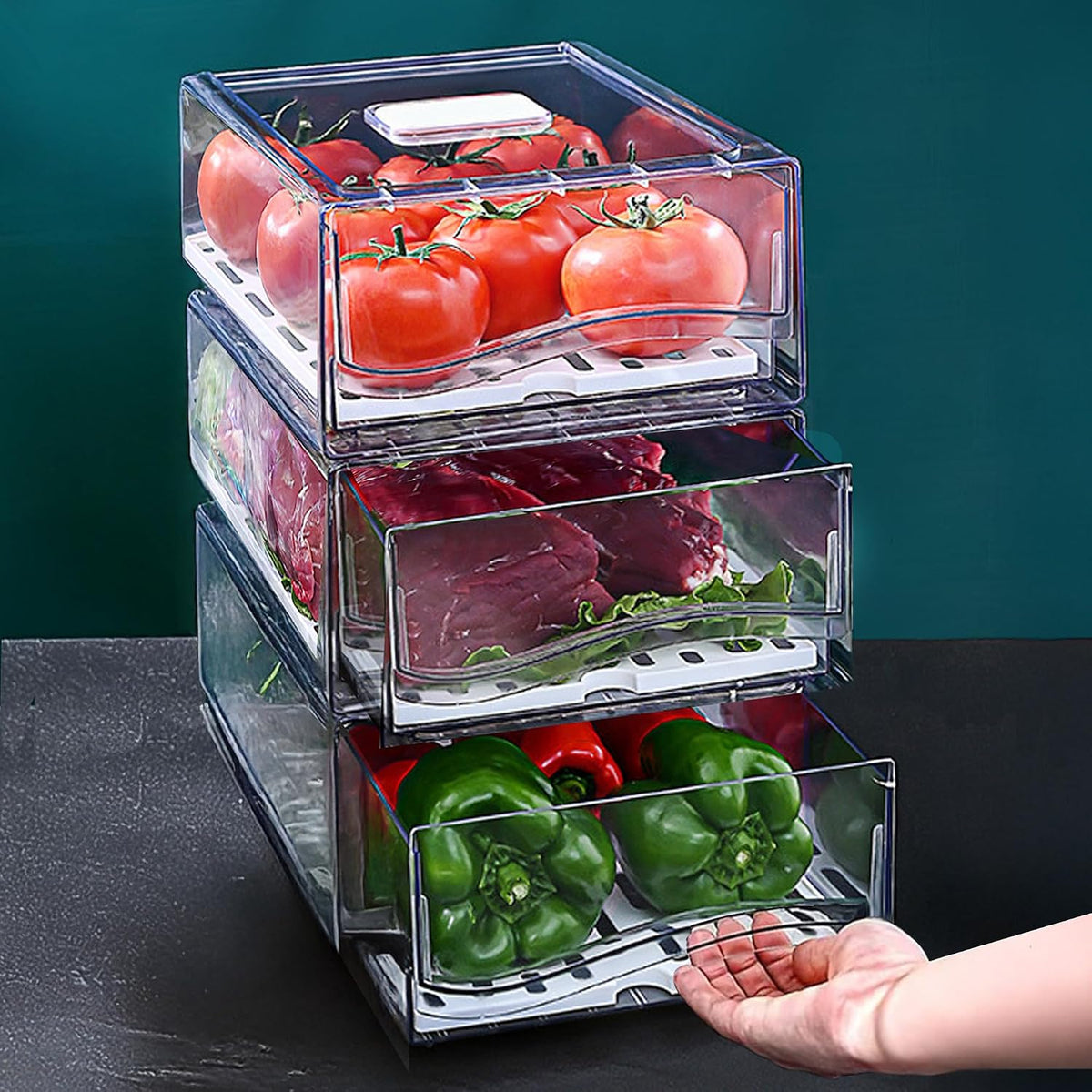 Fridge Organizers and Storage, BPA-Free Large Capacity Stackable Clear Fridge Organizer, With Strainer Layer Keep Fruits, Vegetables and Meat Fresh in refrigerator, freezer, Food Storage ( 2 Drawers)