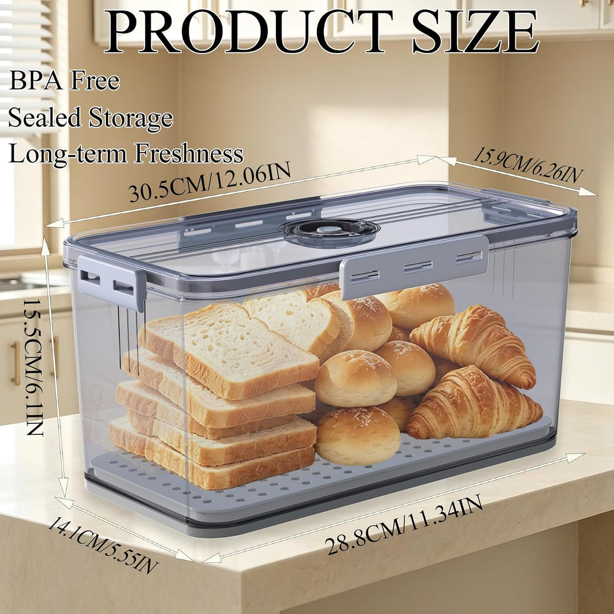 Clear Bread Box with Lid ,Time Recording Airtight Bread Container Grey