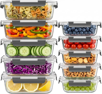 Dealusy 10 Sets 36 oz & 12 oz Glass Food Storage Containers with lids, Gray