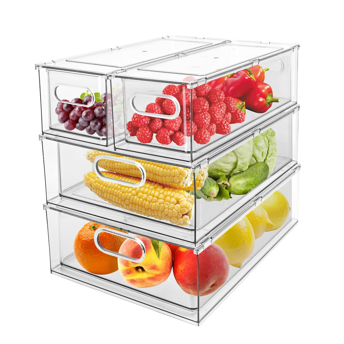 2 Pack Refrigerator Organizer Bins Stackable Fridge Organizer Set with Pull-out Drawer Clear Vegetable Fruit Storage Containers for Kitchen Pantry Organization