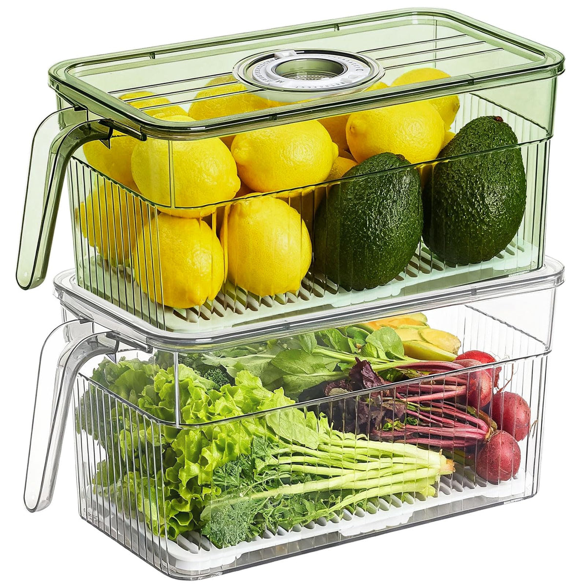 2 Pack Plastic Food Storage Produce Containers for Fridge, Stackable Lettuce Keeper for Refrigerator with Removable Drain Tray Keep Fresh for Vegetables/Fruit/Berry/Salad - 10'' x 5.3'' x 5.2''