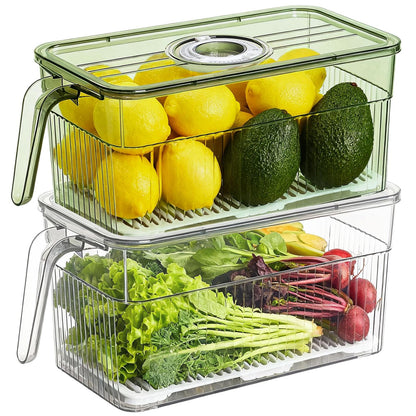 2 Pack Plastic Food Storage Produce Containers for Fridge, Stackable Lettuce Keeper for Refrigerator with Removable Drain Tray Keep Fresh for Vegetables/Fruit/Berry/Salad - 10'' x 5.3'' x 5.2''