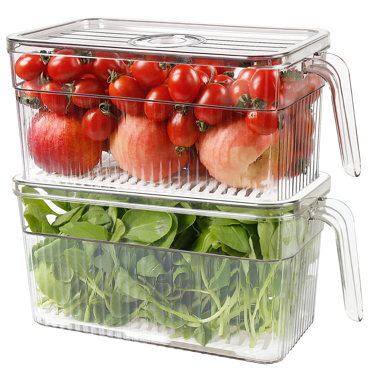2 Pack Plastic Food Storage Produce Containers for Fridge, Stackable Lettuce Keeper for Refrigerator with Removable Drain Tray Keep Fresh for Vegetables/Fruit/Berry/Salad - 10'' x 5.3'' x 5.2''