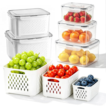 Fridge Organizers and Storage, BPA-Free Large Capacity Stackable Clear Fridge Organizer, With Strainer Layer Keep Fruits, Vegetables and Meat Fresh in refrigerator, freezer, Food Storage ( 2 Drawers)