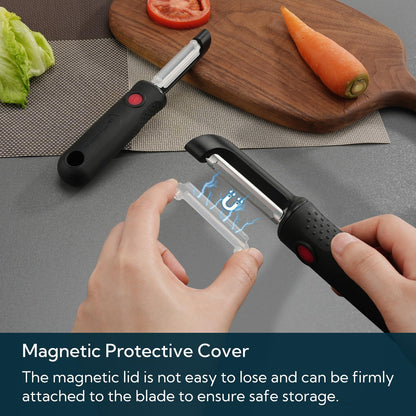 KITCHENDAO Magnetic Vegetable Peeler with Durable Japanese Stainless Steel Sharp Dual Blade, Large Non-Slip Handle with Potato Eye Remover, Magnetic Safety Cover, Dishwasher Safe Kitchen Fruit Peeler
