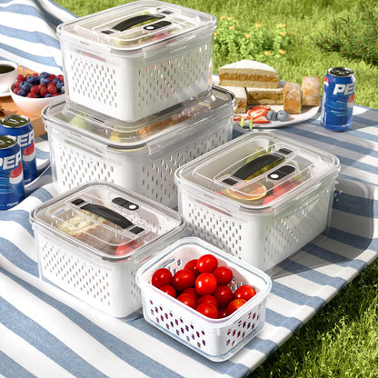 3Pack Fridge Food Storage Container Set with Lids with Strainer,Plastic Fresh Produce Saver Vegetable Fruit Meat Storage Organization, BPA-Free Plastic Produce Keepers(3.15L+1.7L+0.8L)