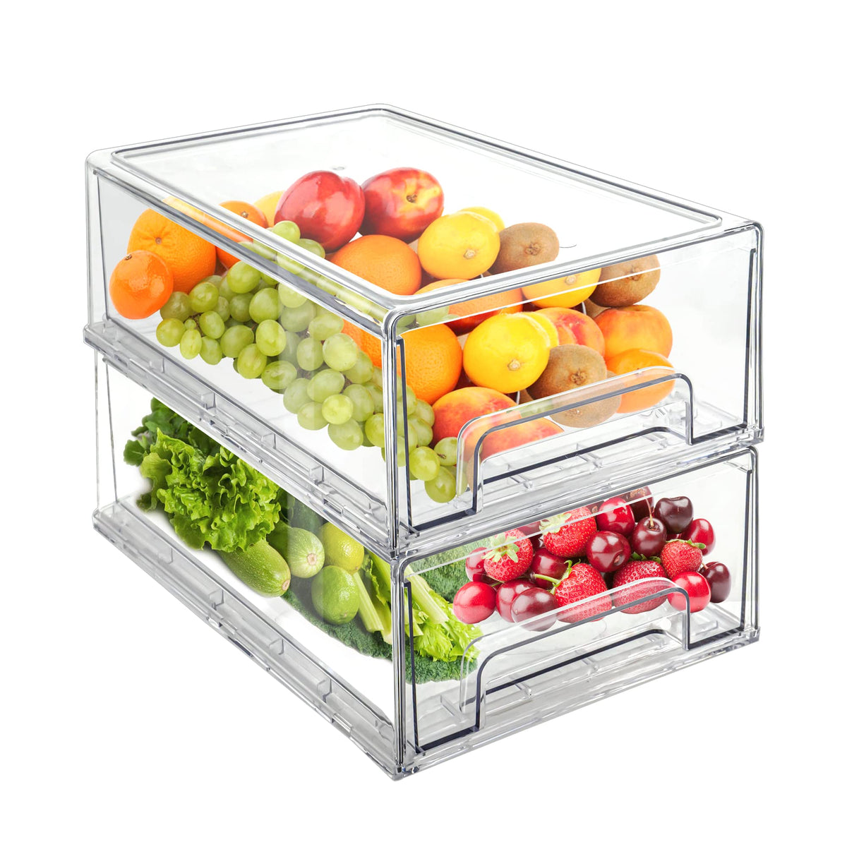 MANO 2Pack Clear Fridge Drawers Pull Out Stackable Refrigerator Drawer Organizer Bins Pantry Storage Box Plastic Food Containers for Kitchen Bathroom Office Closet (2pack Large)