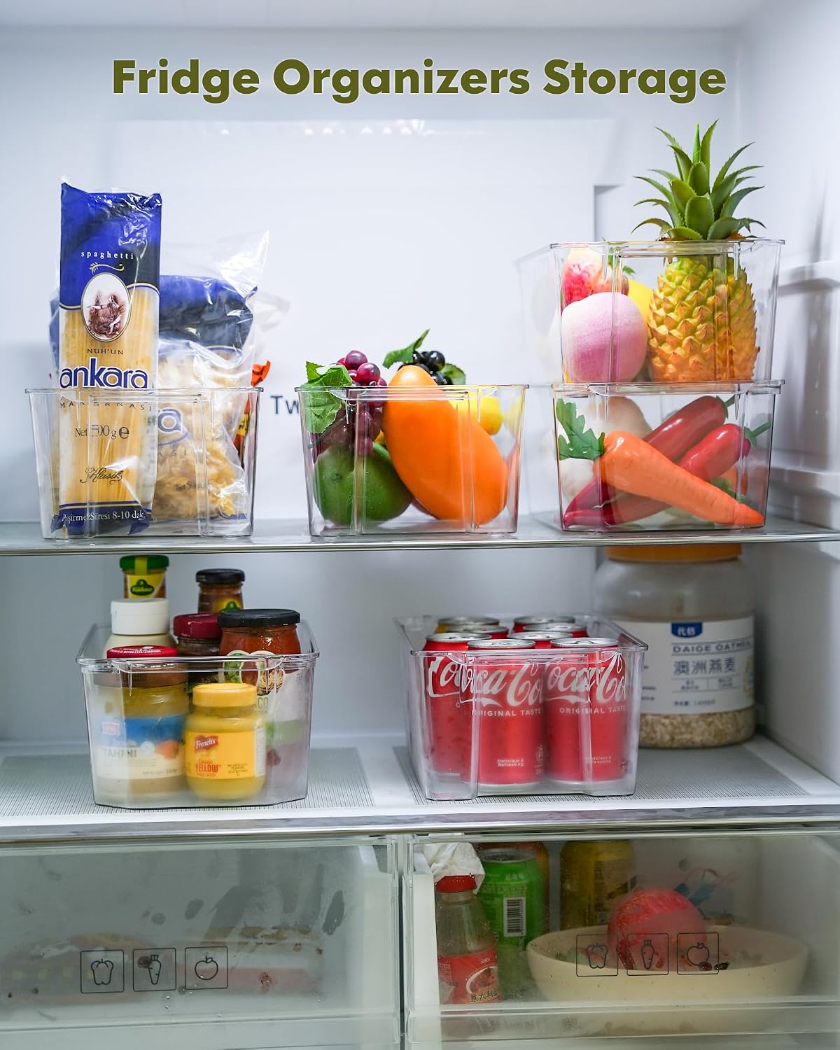 iCASA Stackable Clear Storage Bins for Refrigerator Pantry Fridge Organizer