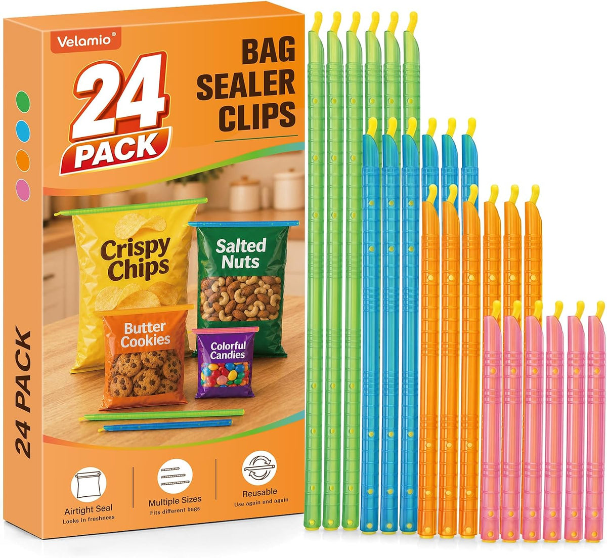 24Pack Chip Clips,Slide-On Bag Clip,Sealer Stick for Food Storage