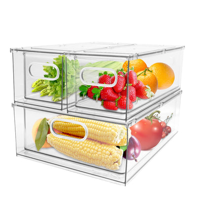 2 Pack Refrigerator Organizer Bins Stackable Fridge Organizer Set with Pull-out Drawer Clear Vegetable Fruit Storage Containers for Kitchen Pantry Organization