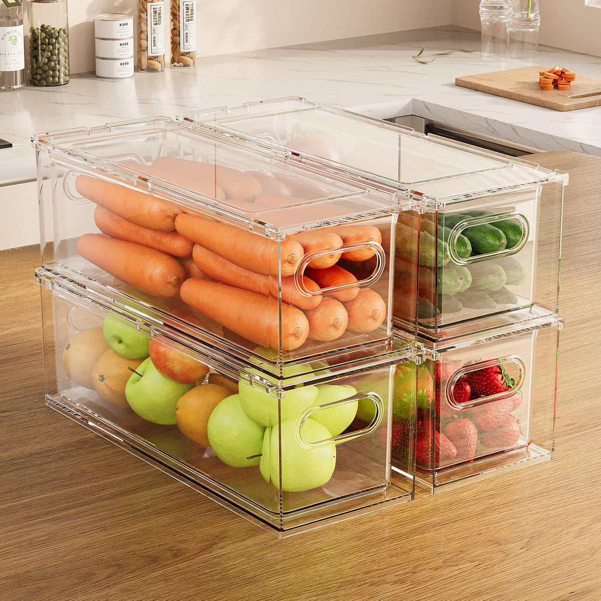 2 Pack Refrigerator Organizer Bins Stackable Fridge Organizer Set with Pull-out Drawer Clear Vegetable Fruit Storage Containers for Kitchen Pantry Organization