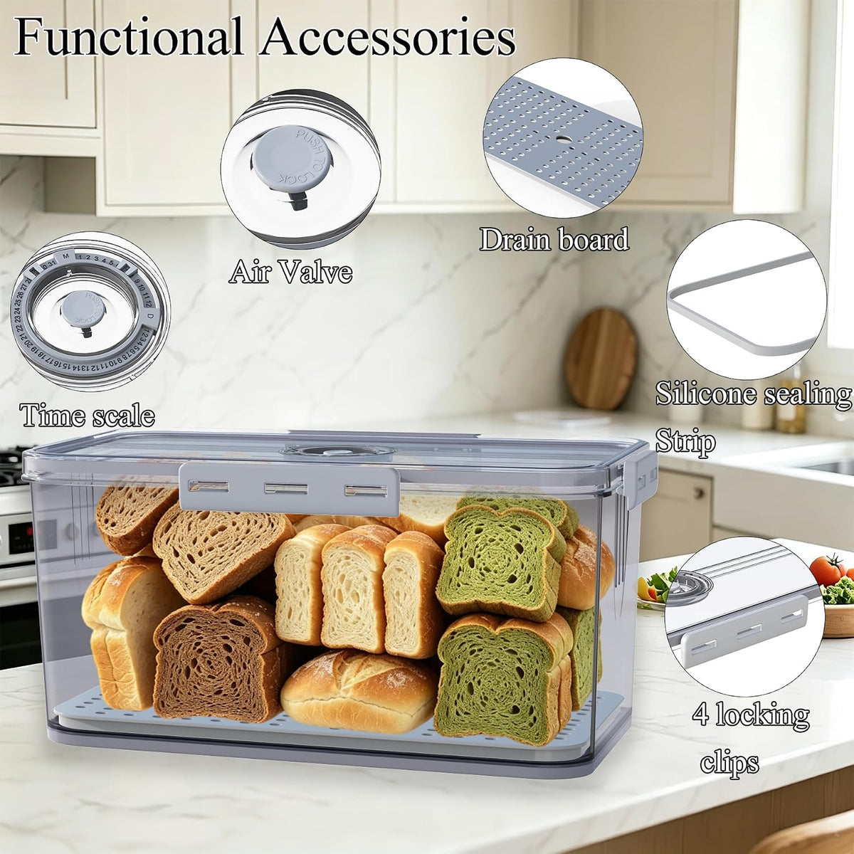 Clear Bread Box with Lid ,Time Recording Airtight Bread Container Grey