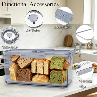 Clear Bread Box with Lid ,Time Recording Airtight Bread Container Grey