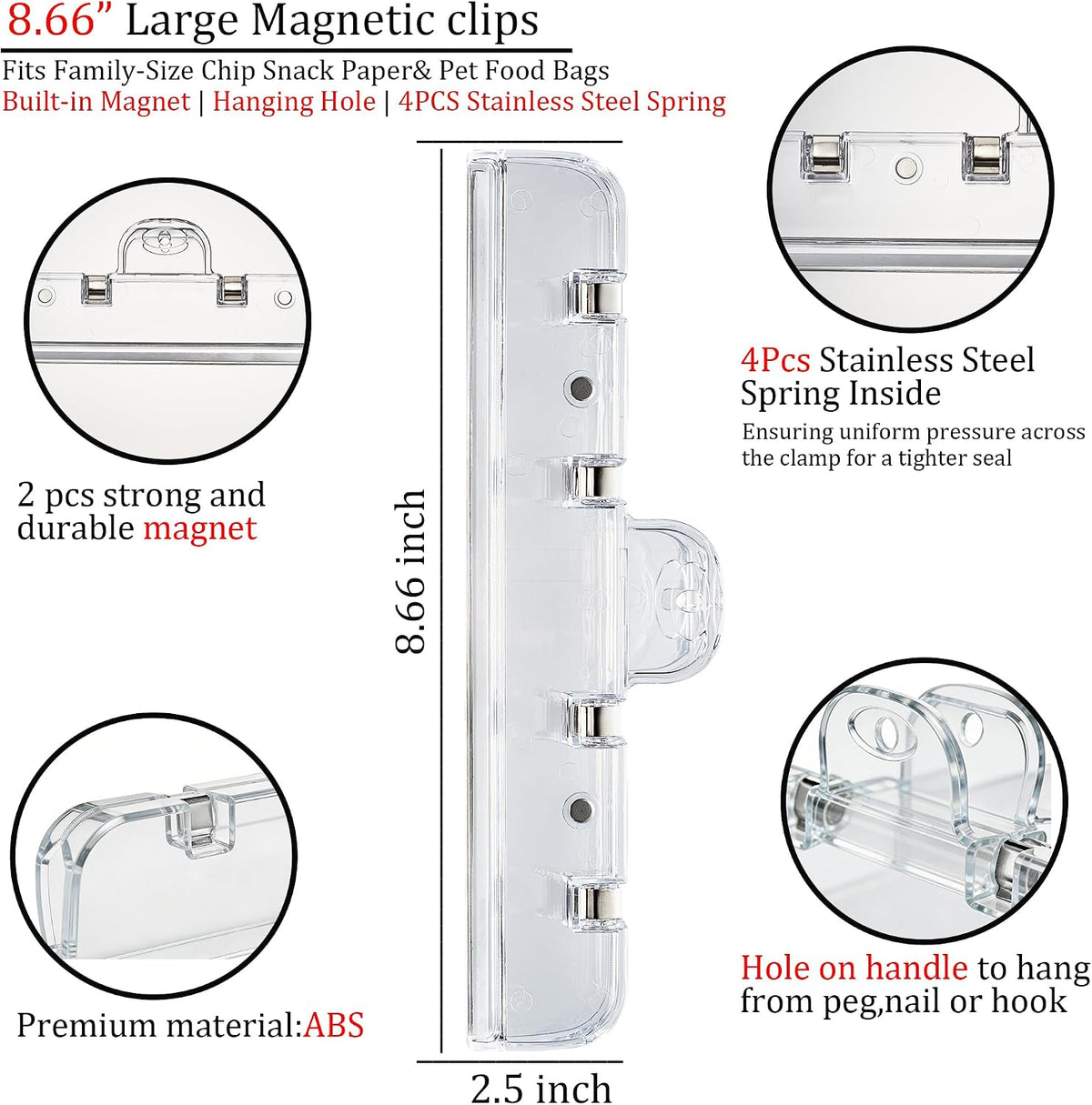 Food Bag Clips with Magnetic, Extra Large Heavy Duty Airtight Sealing