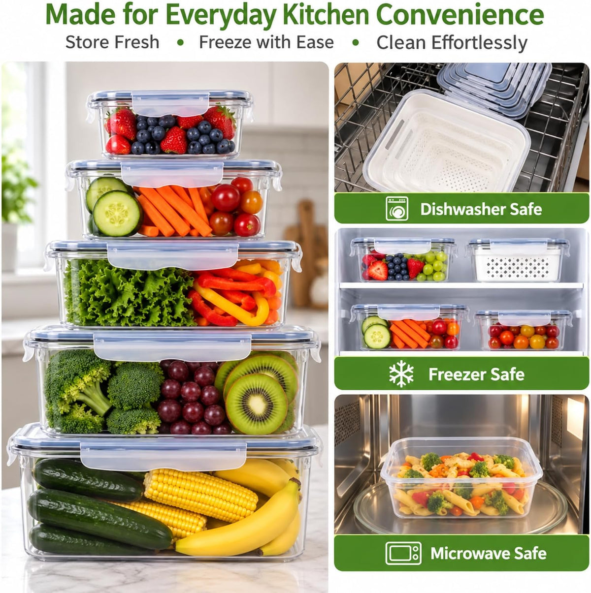 5 Pack Large Fruit Storage Containers for Fridge with Removable Colander