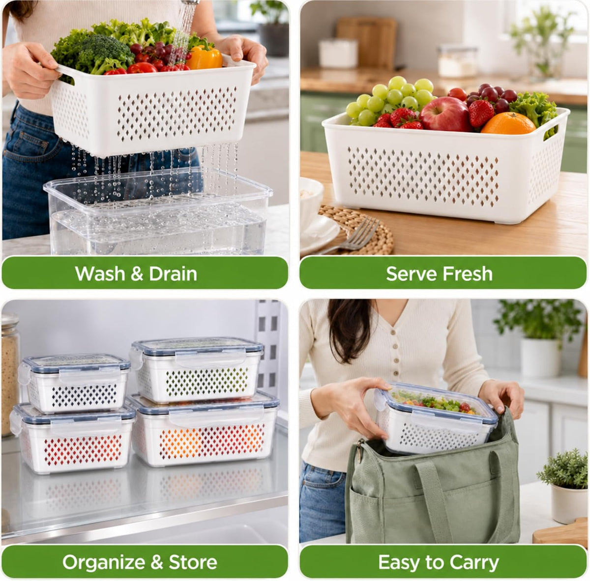 5 Pack Large Fruit Storage Containers for Fridge with Removable Colander