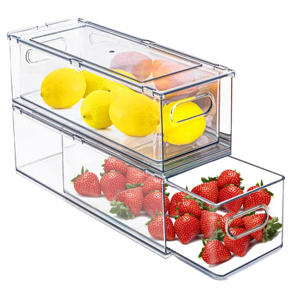 Fridge Organizers and Storage, BPA-Free Large Capacity Stackable Clear Fridge Organizer, With Strainer Layer Keep Fruits, Vegetables and Meat Fresh in refrigerator, freezer, Food Storage ( 2 Drawers)