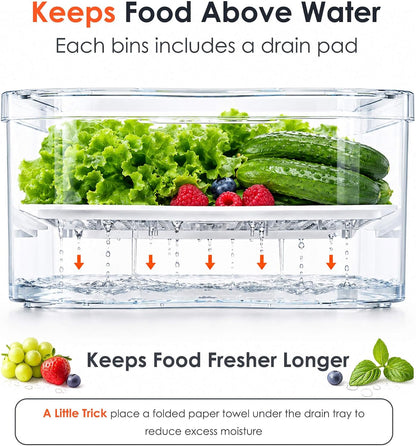 SMRCAD Clear Fridge Bins with Drain Trays - BPA-Free PET, Stackable(6 Pack)