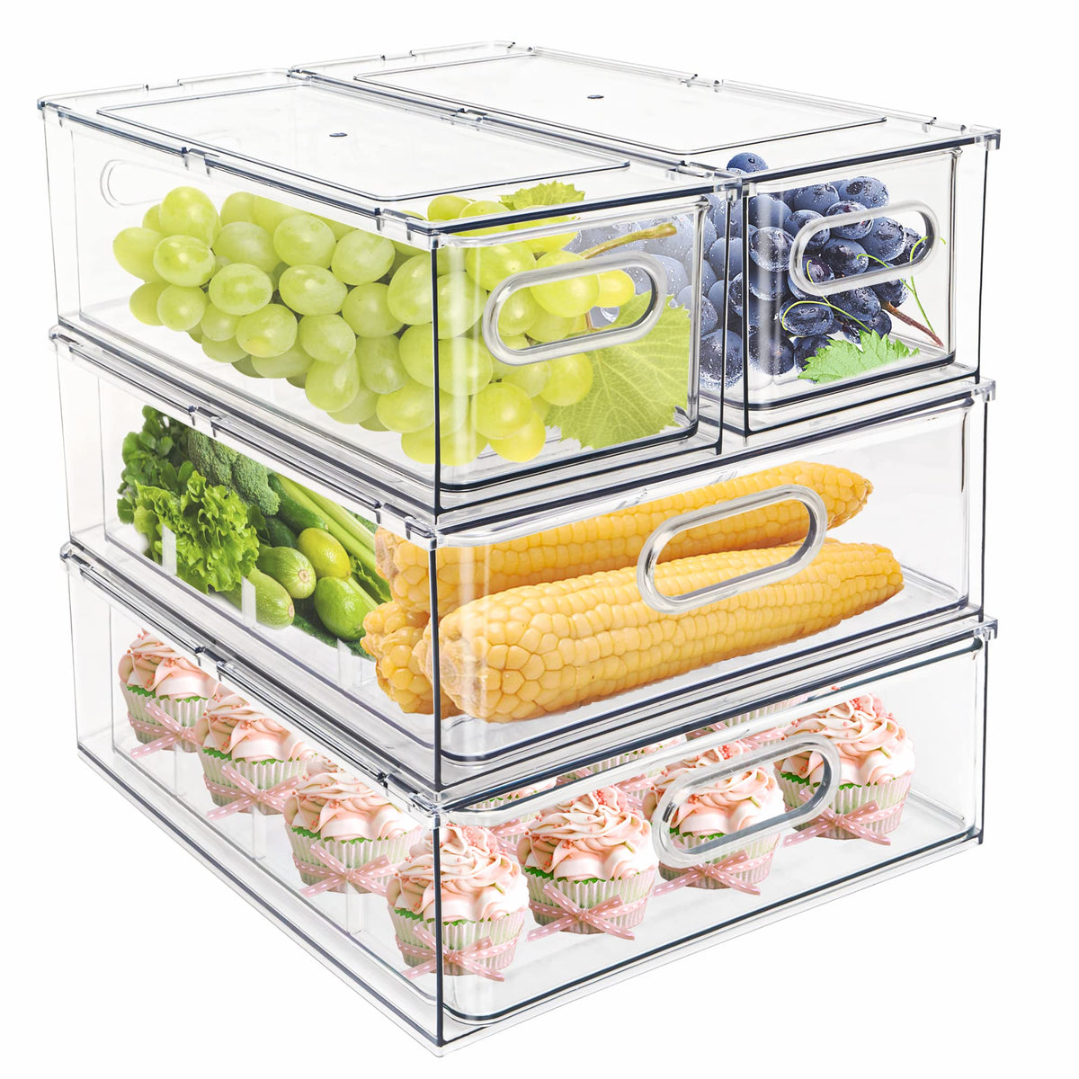 4 pack Stackable Refrigerator Organizer Bins Pull-Out Drawers for Fruit and Veggies Storage Organizer for Fridge Clear Drawer Containers with Handle Divided Organization for Produce Saver