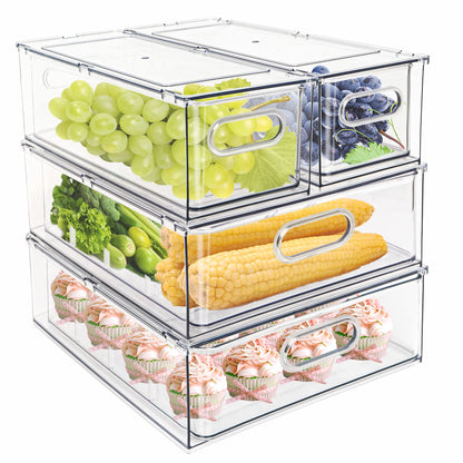 4 pack Stackable Refrigerator Organizer Bins Pull-Out Drawers for Fruit and Veggies Storage Organizer for Fridge Clear Drawer Containers with Handle Divided Organization for Produce Saver