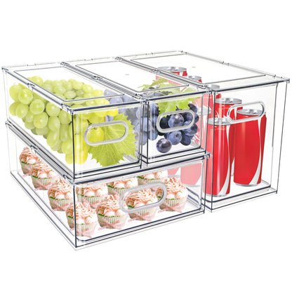 4 pack Stackable Refrigerator Organizer Bins Pull-Out Drawers for Fruit and Veggies Storage Organizer for Fridge Clear Drawer Containers with Handle Divided Organization for Produce Saver